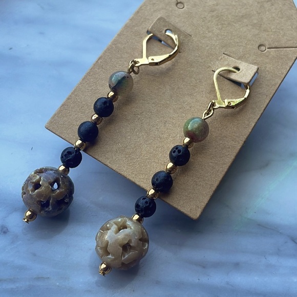 Handmade Soapstone Lava Jade Gold Earrings - Picture 3 of 6